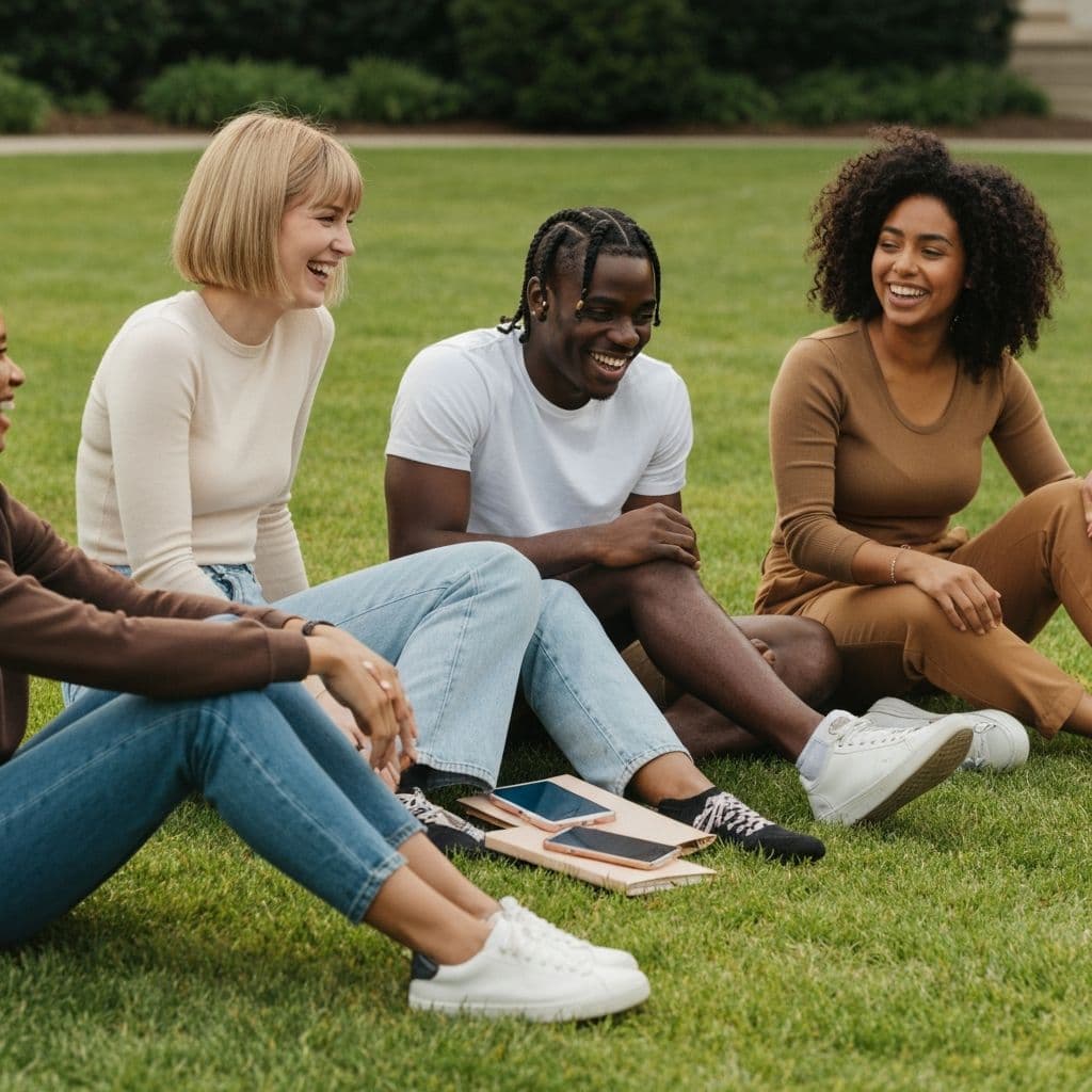 College students laughing together while comparing Rice Purity Test scores